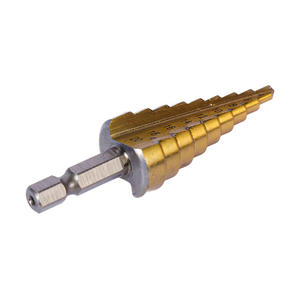 Broca escalonada cónica de acero de alta velocidad con acabado dorado y vástago hexagonal de 1/4 pulgada para perforación de metal - Product Image 1