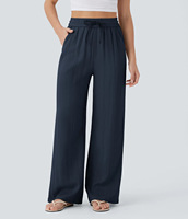 Pantalon Palazzo Ample Décontracté pour Femme en Mélange Coton/Nylon/Viscose, Couleur Unie, Coupe Large, Longueur Entière, Taille Mi-Haute avec Cordon Élastique et Poches