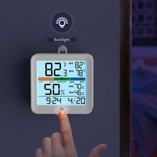 Touch Screen Digital Thermometer & Hygrometer for Baby Room Plastic Material Large Display Battery Powered