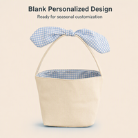 Panier à œufs de Pâques en tissu à carreaux Gingham avec nœud, applique lapin, queue pompon, cinq couleurs pastel et poignée arquée doublée