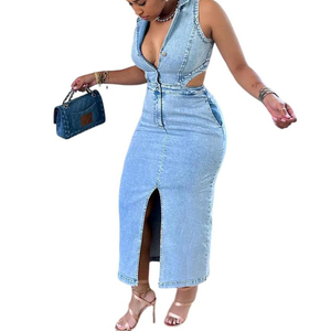 Nouvelle robe en jean sexy sans manches à col roulé et fente pour femme, tendance - Product Image 5