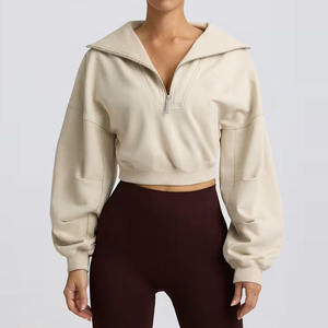 OEM Eco-Friendly Breathable Lined Lightweight Other Fabric Quarter-<b>zip</b> <b>Hooded</b> Drop Shoulder Ribbed Hem Women Cropped Sweatshirt - Product Image 2