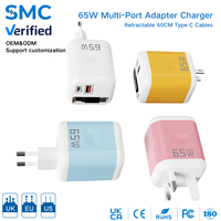 Chargeur mural 3 en 1 GaN 65W avec câbles rétractables et prise pliable, adaptateur d'alimentation à charge rapide pour plusieurs appareils