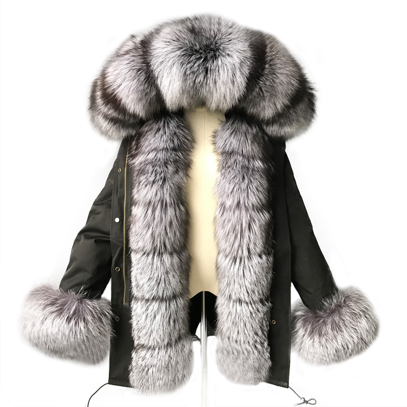 2019 Wholesale Winter Detachable Real Rex Rabbit Lining Parka Fur Hood Fur Jacket Parka Long Silver Fox Fur Parka