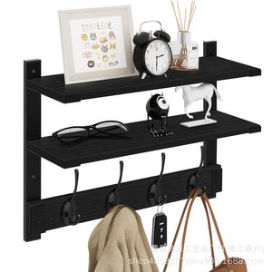 Iron And Wood Wall Mounted <b>Rack</b> With Hooks 3 Tier Floating <b>Shelf</b> Black Coat Key Organizer For Entryway Home Storage - Product Image 3