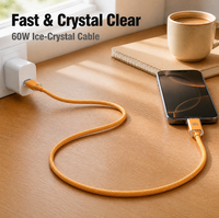 Câble USB PD 60W tressé en alliage d'aluminium au design cristal de glace, compatible avec ordinateur portable, moniteur et téléphone portable