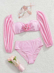2026 Set Bikini Bandeau 2 potong warna polos merah muda menawan baru lengan panjang untuk wanita pakaian renang pantai pakaian liburan bunga 3D - Product Image 2