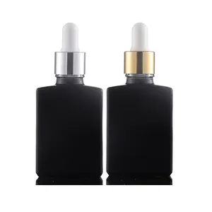 Botol Tetes Kaca Persegi 30Ml 50Ml, Botol Kosmetik Persegi Hitam Bening dan Transparan dengan Tutup Perak Emas untuk Minyak Esensial