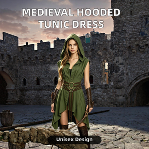 Abito Medievale con Cappuccio per Donne, Tunica Rinascimentale Irregolare con Cintura Larga, <span class=keywords><strong>Costume</strong></span> da Elfo Arciere <span class=keywords><strong>Robin</strong></span> Hood per Halloween - Product Image 2