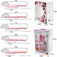 Ensemble de couteaux de cuisine TKT TKTK-0109, rose fleuri, 6 pièces, en acier inoxydable durable, 6-7,9 pouces, tranchants, pour chef, polis, antidérapants