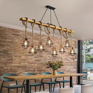 Gabbia sospesa Vintage industriale 8 teste E27 lampade a sospensione per la decorazione in <span class=keywords><strong>legno</strong></span> naturale di <span class=keywords><strong>corda</strong></span> di canapa lampadario a soffitto - Product Image 1