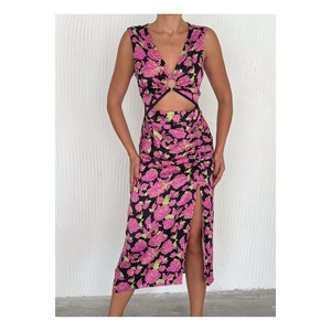 Vestido de satén floral para mujer, cuello en V profundo, sin mangas, abertura frontal con cremallera, vestido de fiesta, cintura natural, 120 cm de largo - Product Image 5