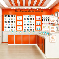 Meuble de présentation mobile personnalisé orange et blanc pour boutique, comptoir de service multi-niveaux avec vitrine d'accessoires muraux et grand rangement