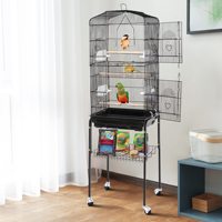Volière multi-niveaux verrouillable pour oiseaux, avec toit incurvé, support métallique à roulettes, étagère de rangement, plateau amovible coulissant, design simple pour