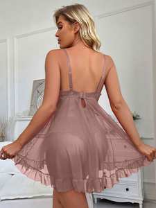 2 Pcs Set Lace Nightgown Women Exquisite Homewear New Green Nighttime Pajamas Transparent Split Nightdress V-Neck Bra Panty Sets - Product Image 3