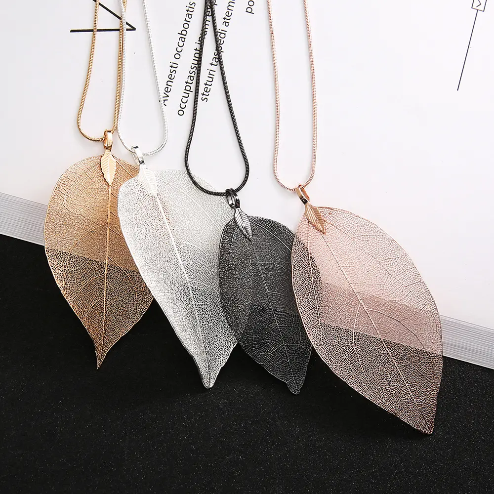 Wholesale Fashion Jewelry Large Leaf Sweater Necklace Silver Long Sweater Chain Pendant Necklace For Women