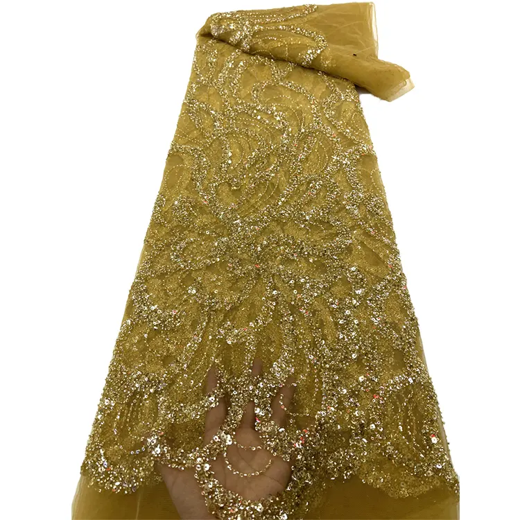 गोल्ड पीला शाम पोशाक फीता सामग्री अफ्रीकी कपड़े सेक्विन चमक Tulle फीता कपड़े मोती कढ़ाई लेस के लिए पोशाक