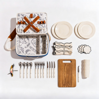 Panier de pique-nique en toile avec ensemble de vaisselle complet et bandoulière réglable pour le camping et la randonnée