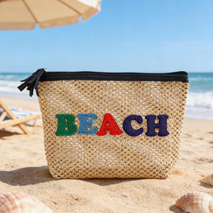 Borsa Cosmetica in Paglia con Lettere Ricamate Colorate, Pochette da Spiaggia per Donne, Ideale per <span class=keywords><strong>Viaggi</strong></span> Estivi - Product Image 1