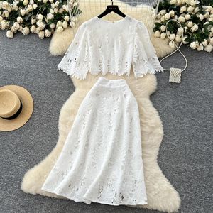 Women's Summer Short Flared Sleeve Shirt High Waist Half-body Skirt Premium Hollow <b>Crochet</b> Lace 2 Piece <b>Set</b> Fashion - Product Image 2