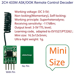 RFCE001 PT2262 EV1527 2CH ขนาดเล็ก433เมตร2264รีโมทคอนโทรลการเรียนรู้รหัสคงที่ถาม OOK โมดูลถอดรหัสการควบคุมระยะไกล3.3V 3.7V 5V - Product Image 2