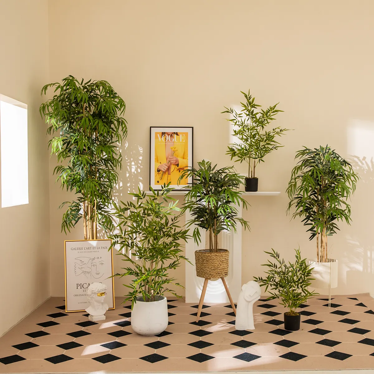 Garden Art Wholesale Green Artificial Bamboo Tree House Ornamental Plastic Tree Plants for Office Decor