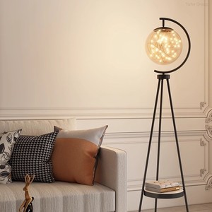 Lampe sur pied LED en métal doré Art déco nordique moderne avec base E27, boule de verre ambrée créative, hauteur réglable et étanche - Product Image 2