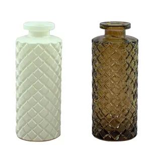 Hot sale 130ml white brown round rhombus pattern home decoration glass reed diffuser bottle with cork