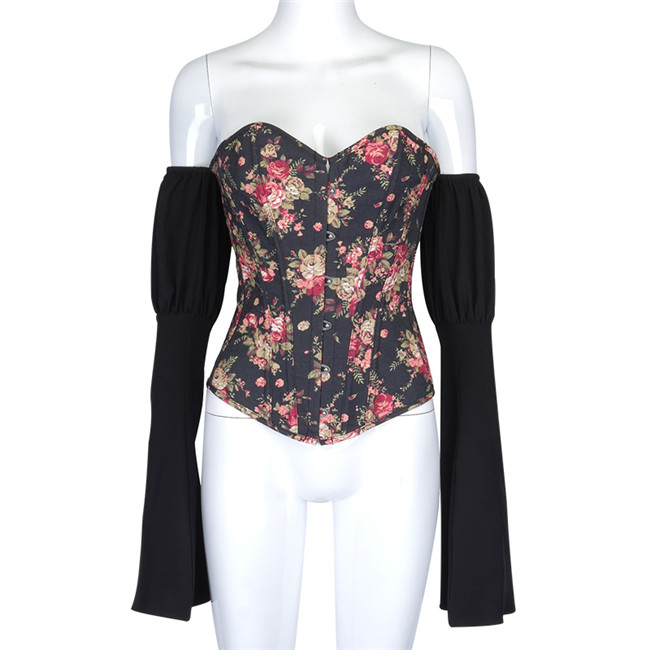 New women's long-sleeved halter strap printed denim corset top