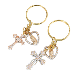 Porte-clés de luxe en forme de cœur avec strass et perles, pendentif croix Vierge Marie pour femme, porte-clés de voiture doré, porte-clés de sac à dos - Product Image 1