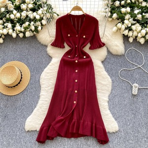 Vestido de Punto Retro Francés 2026 para Mujer, Diseño de Verano con Volantes y Cierre de un Solo Botón, Vestido Largo <span class=keywords><strong>Elegante</strong></span> y Lujoso - Product Image 3