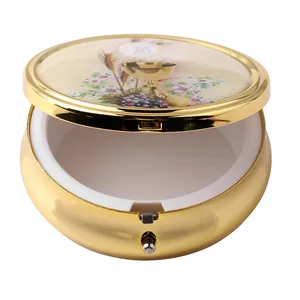 Catholic Jewelry Gift Boxes First Communion Rosary Gold Metal Box with Mirror for Necklaces