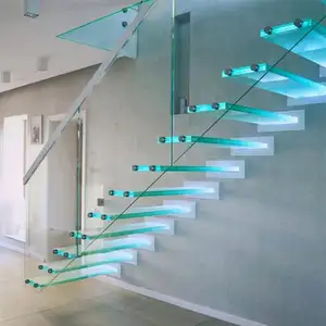 Glass Staircase Straight LED Light Stairs Design