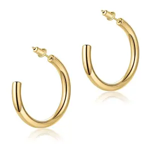 Lucky factory hypoallergenic thick round gold hoop earrings stainless steel no tarnish trendy hoop earrings manufacturer