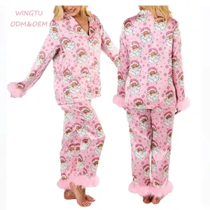 Wingtu Groothandel Santa Claus Loungewear Roze Fuzzy Veren Rand Kerst Blouse Broek Pj Set Pyjama Voor Vrouwen