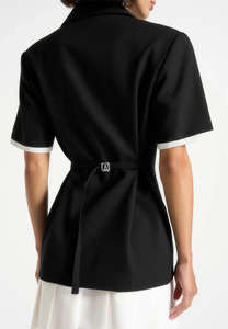 Tailored Cinch Waist Contrast Cuff Short Sleeve Blazer Dress Women Elegant Black White Color Block Pleated Mini <b>Skirt</b> Suit Dress - Product Image 5