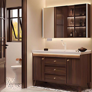 Mobile <span class=keywords><strong>Bagno</strong></span> Moderno in Noce con Lavabo Integrato in Ceramica, Mobile in MDF con Cassetti per Hotel e Appartamenti - Product Image 1