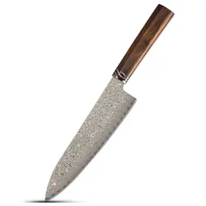 Pisau baja Damaskus 67 lapisan 8 inci pisau koki VG10 inti kuningan Mammoth gigi Inlay USA Desert Ironwood pisau koki Jepang