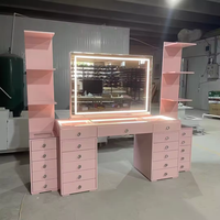 Table de maquillage rose avec miroir LED, meuble de rangement latéral, plateau en verre et tiroirs – Vente en gros OEM