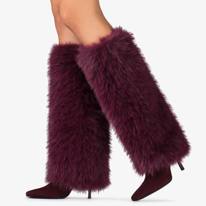 Bottes hautes en fourrure pelucheuse pour femmes, taille 45, à talons hauts, bout carré, fourrées, pour l'hiver, coupe large - Product Image 1