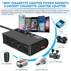 Adaptador de encendedor de cigarrillos para <span class=keywords><strong>coche</strong></span>, divisor QC3.0, cargador rápido USB, 4 puertos con voltímetro, 12-24V, accesorios para automóvil, 180W - Product Image 3