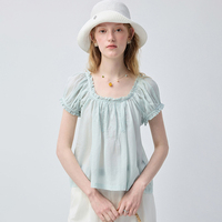 Chemisier VEGA CHANG blanc à imprimé floral aquarelle pour femme, col carré avec dentelle, devant plissé, coupe ample, peplum respirant