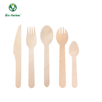 Lot de couverts en bois modernes jetables écologiques de haute qualité avec cuillère, fourchette et couteau de 160 mm, sans danger pour les aliments, pour les voyages et les fêtes