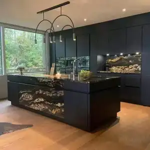 YDSTONE Black Granite Gold Vein Kitchen Countertop Decoration Polished Magma Black Gold Granite Slab