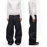 Jeans personnalisés de créateur à faible MOQ, cinq boutons, délavage moyen, denim brut 14oz, coupe droite ample, coton, style urbain, été