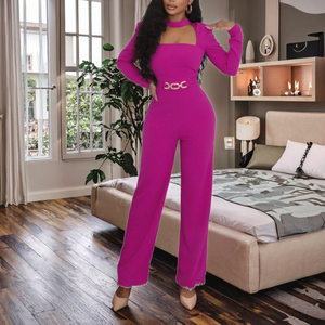 Combinaison longue pour femme, taille haute, couleur unie, manches longues, col carré, ceinturée, jambe large, en maille extensible, pour clubbing - Product Image 3