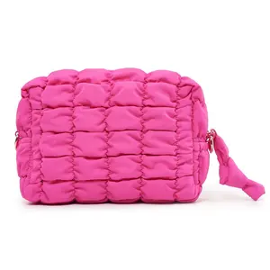 Cotton padded shiny nylon puffy cosmetic bag wholesale elastic bubble quilted puffy cosmetic toiletry bag for travel