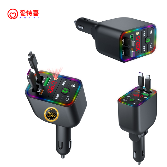 Newest T3 BT V5.3 Retractable Car Charger Handsfree FM Transmitter Type c Car Charger Fast Charging MP3 Player Multifunctional
