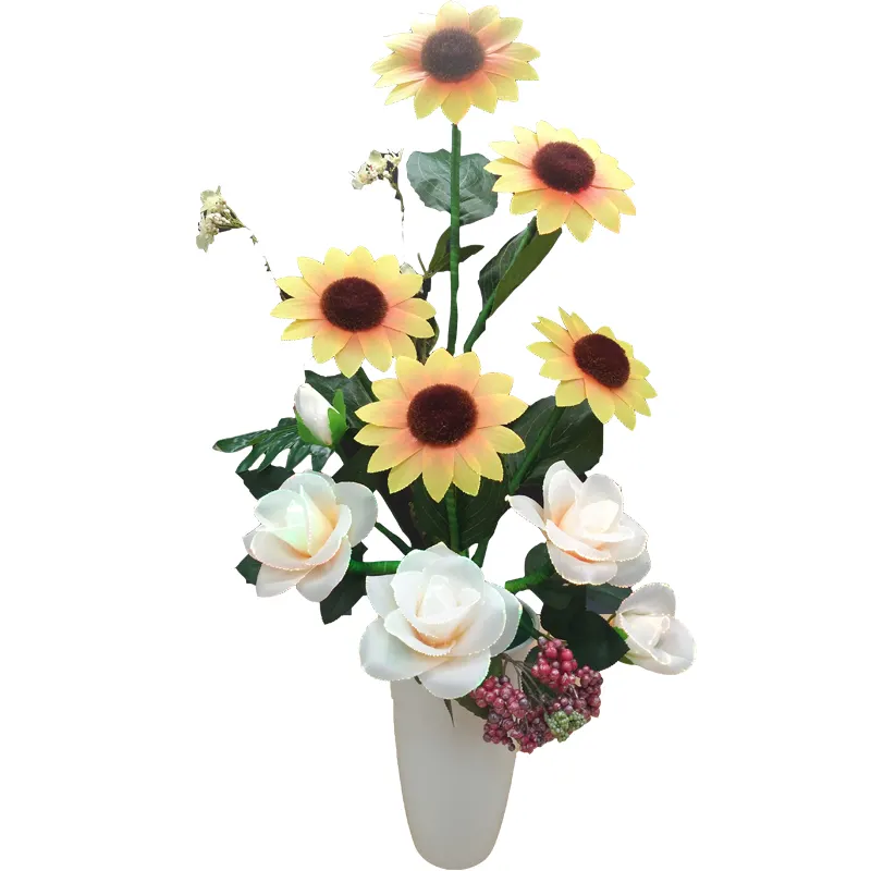 منزل الديكور ريال اللمس الزهور الاصطناعية الألياف البصرية زهرة زهرة بيضاء و عباد الشمس مع الصمام RGB ضوء