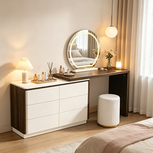 Ensemble de coiffeuse en bois blanc avec miroir LED rond, coffre de rangement, base verticale cannelée dorée, tabouret et bureau de maquillage extensible pour chambre à coucher - Product Image 3